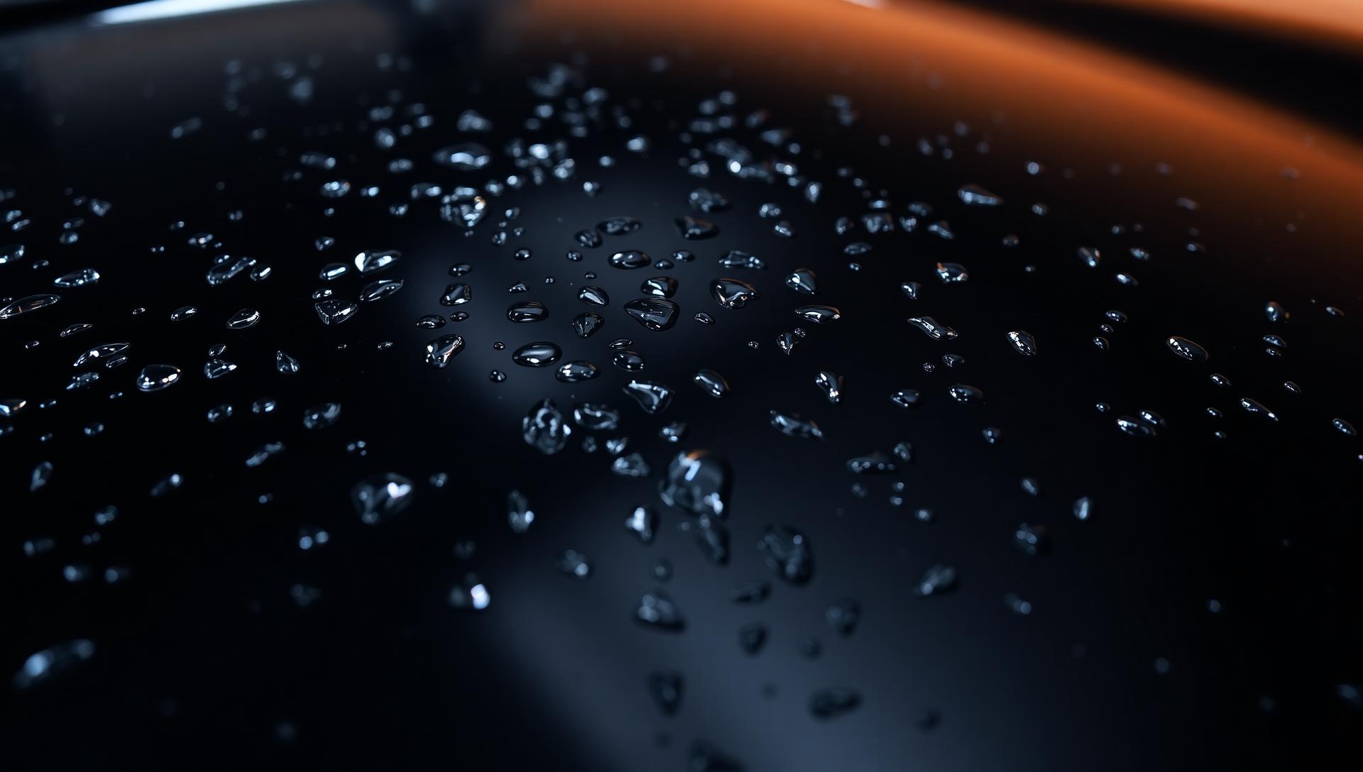Water beading on a freshly detailed black hood